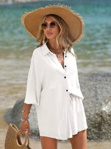 SHEIN VCAY 女士純色鈕扣式落肩襯衫和短褲套裝 - 白色 - 查看 6