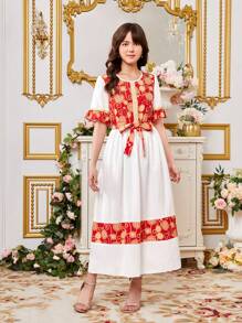 Teen Girl Printed Patchwork Ruffle Sleeve Long Dress Church Dresses - White - View 4