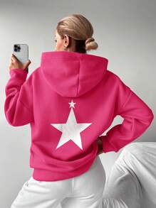 EURMUSE Star Print Drop Shoulder Hoodie - 玫紅色 - 查看 5