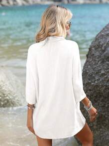 SHEIN VCAY 女士純色鈕扣式落肩襯衫和短褲套裝 - 白色 - 查看 2