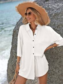 SHEIN VCAY 女士純色鈕扣式落肩襯衫和短褲套裝 - 白色 - 查看 4