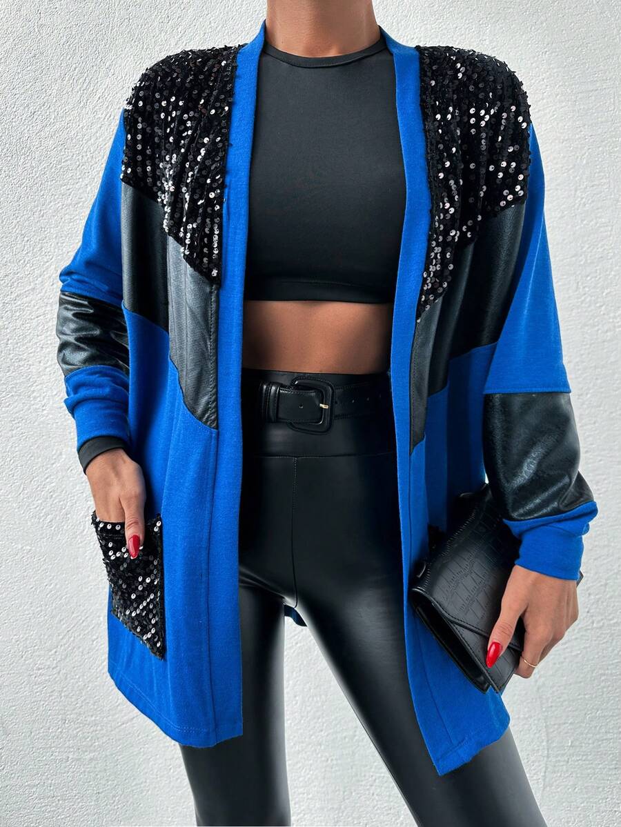 RueChic 女士亮片裝飾顏色穿插夾克 - 藏蓝色 - 查看 1