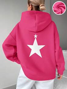 EURMUSE Star Print Drop Shoulder Hoodie - 玫紅色 - 查看 1