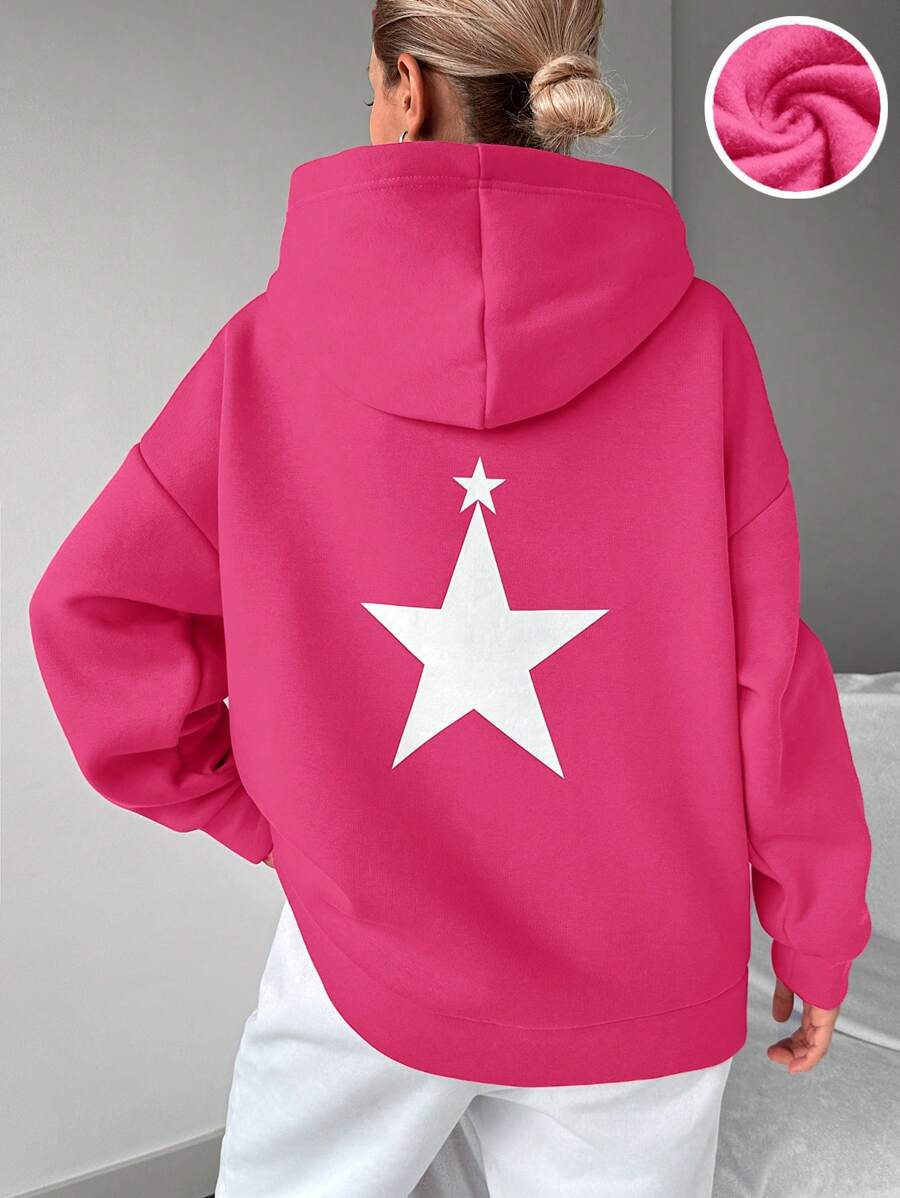 EURMUSE Star Print Drop Shoulder Hoodie - 玫紅色 - 查看 1