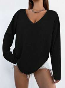 StreetHx Simple Big V-Neck Basic T-Shirt Off Shoulder Long Sleeveoff Shoulder Sweater Fall Cloth For Women - Black - View 4