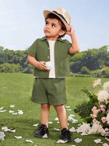 SHEIN 3入組嬰兒休閒短袖襯衫和短褲套裝 - 綠色 - 查看 4