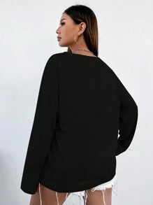 StreetHx Simple Big V-Neck Basic T-Shirt Off Shoulder Long Sleeveoff Shoulder Sweater Fall Cloth For Women - Black - View 2