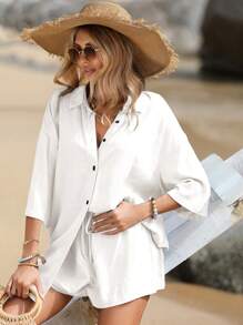 SHEIN VCAY 女士純色鈕扣式落肩襯衫和短褲套裝 - 白色 - 查看 1