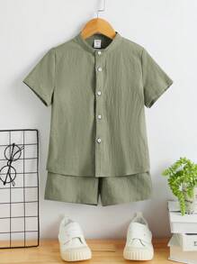 SHEIN Leap Crew Camisa De Manga Corta Con Cuello Y Pantalones Cortos Cómodos Para Niños, Conjunto Casual Y Cómodo - Verde militar - Ver 5