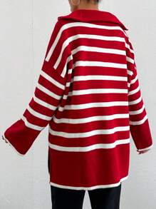 EURMUSE Women's Striped Half-Zip Sweater - Red - View 3