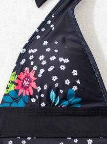 SHEIN Swim Đồ bơi Tankini hở lưng in họa tiết hoa bãi biển mùa hè - màu đen - Xem 5
