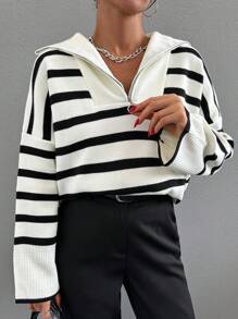 EURMUSE Women's Half-Button Striped Sweater - White - View 3