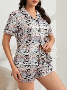 Của phụ nữ Bộ mặc nhà Với Gấu trúc In Cổ bẻ Áo Và Quần short - Hồng - Xem 4