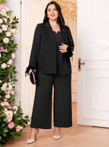 Modelyn Women's Plus Size Blazer Feather Decorated Cuffs - Black - View 1