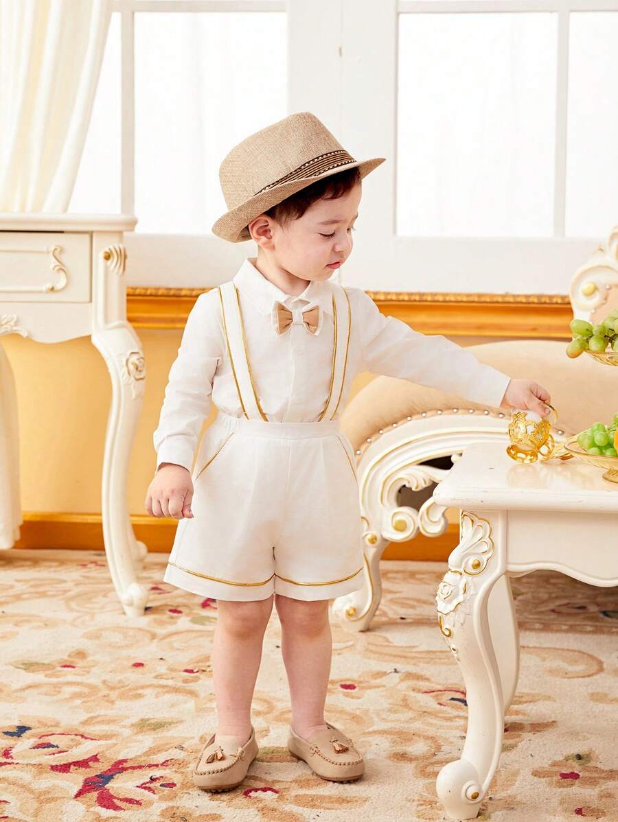 Baby Boy's Gentleman Style Bow Tie And Lapel Collar Cardigan With Suspender Shorts Set