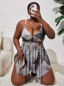 SHEIN Swim Curve Women's Plus Size Summer Beach Marble Tie Front Tankini Set