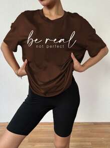BamGleam Women's Loose Fit Oversized Basic Letter Print Drop Shoulder T-Shirt Be Real Not Perfect Graphic Tees Women Tops - Brown - View 5