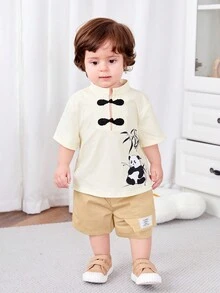 SHEIN Em bé Con trai Mô hình gấu trúc Đứng cổ áo Áo len Và Giải trí Quần short Phong cách Trung Quốc - Màu be - Xem 5