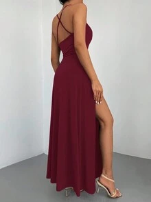 SHEIN 高个女款酒红色露背开衩吊带长款休闲连衣裙 - 酒紅色 - 查看 2