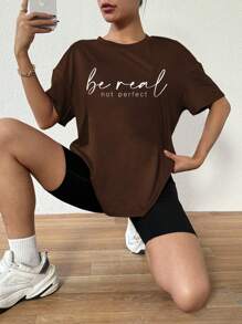 BamGleam Women's Loose Fit Oversized Basic Letter Print Drop Shoulder T-Shirt Be Real Not Perfect Graphic Tees Women Tops - Brown - View 3