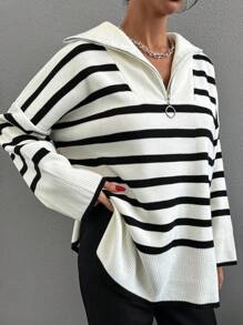EURMUSE Women's Half-Button Striped Sweater - White - View 4