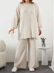SHEIN Cottnline Plus Size Solid Color Loose Fit Casual Sweater Set - White - View 5