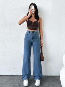 Quần Jeans Ống Thẳng Cạp Cao - Màu xanh lam - Xem 1