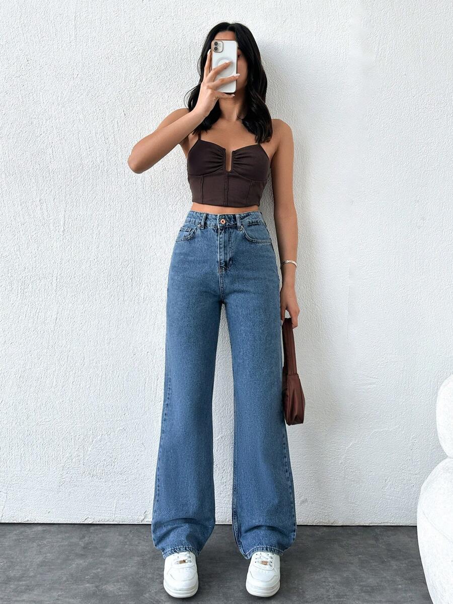 Quần Jeans Ống Thẳng Cạp Cao - Màu xanh lam - Xem 1