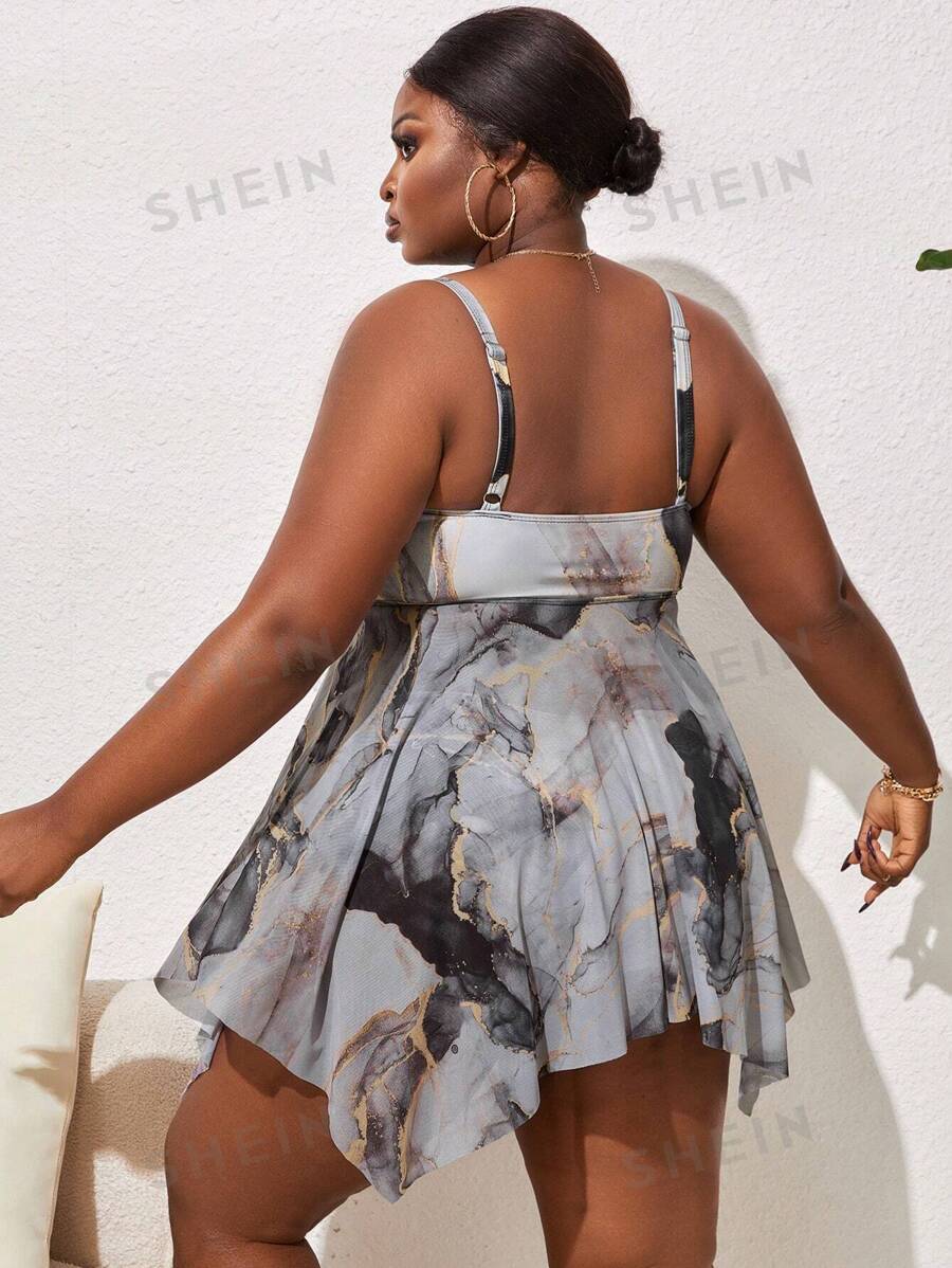 SHEIN Swim Curve Grote maten zomerstrandmarmeren tankinitankiniset voor dames SHEIN Nederland