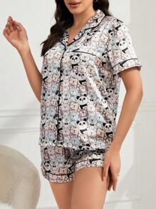 Của phụ nữ Bộ mặc nhà Với Gấu trúc In Cổ bẻ Áo Và Quần short - Hồng - Xem 5