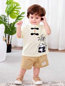 SHEIN Em bé Con trai Mô hình gấu trúc Đứng cổ áo Áo len Và Giải trí Quần short Phong cách Trung Quốc - Màu be - Xem 3