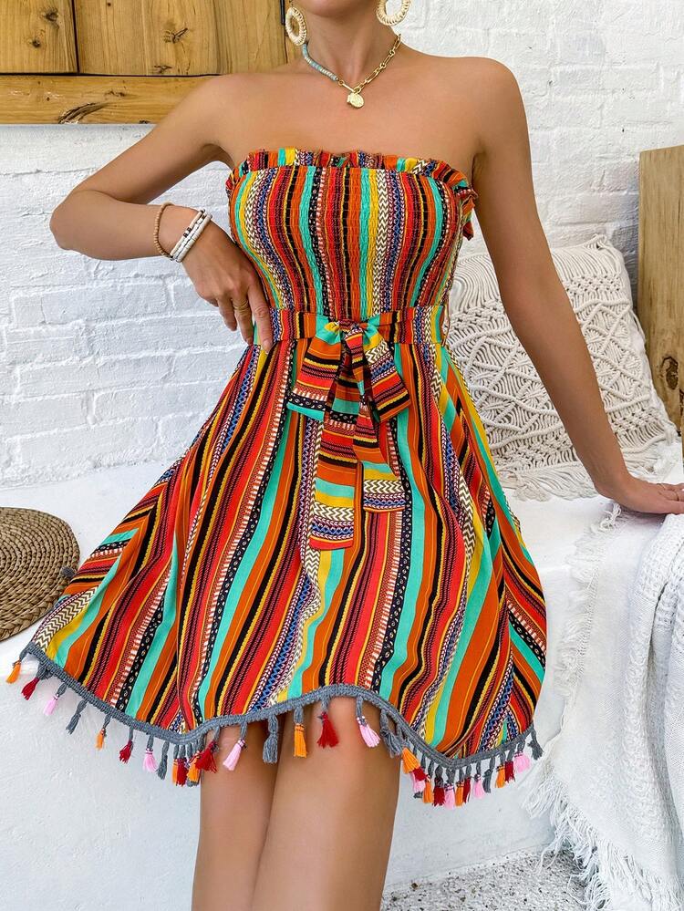 Women's Striped Strapless Dress With Frill Trim