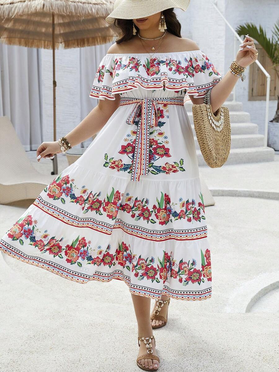 SHEIN Franclia Plus Size Floral Printed Off Shoulder Dress, Targeting Women In A Certain Age And Size Range - White - View 1