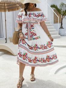 SHEIN Franclia Plus Size Floral Printed Off Shoulder Dress, Targeting Women In A Certain Age And Size Range - White - View 6