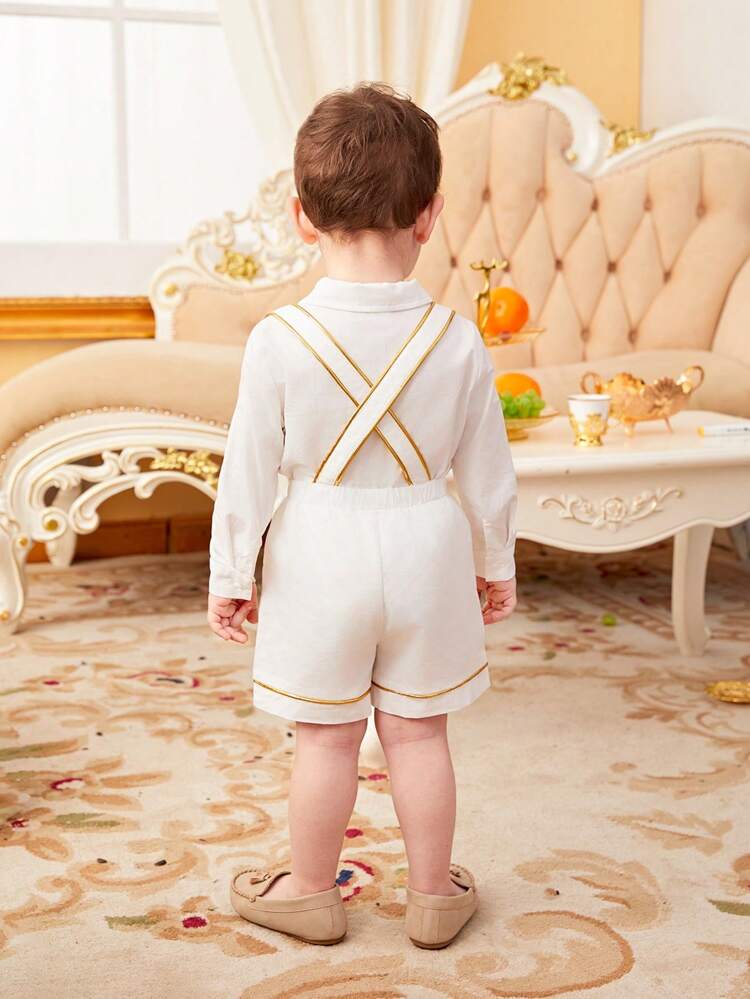 Baby Boy's Gentleman Style Bow Tie And Lapel Collar Cardigan With Suspender Shorts Set