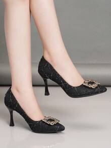 Giày cao gót mũi nhọn cho nữ, giày cao gót đế thấp đính đá Rhinestone trang trí màu đen - màu đen - Xem 4