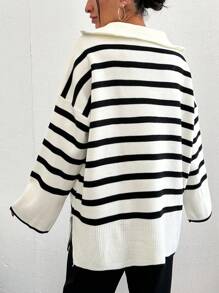 EURMUSE Women's Half-Button Striped Sweater - White - View 2