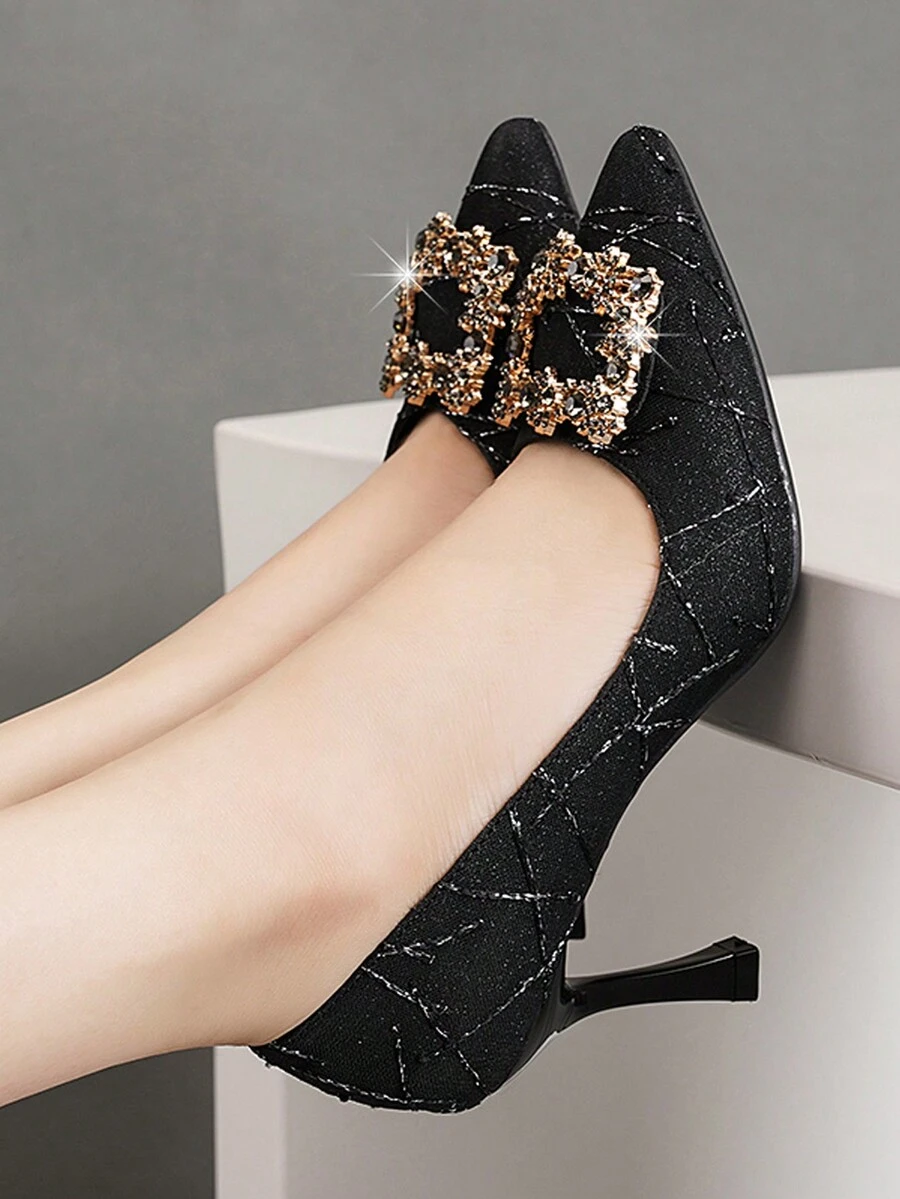Giày cao gót mũi nhọn cho nữ, giày cao gót đế thấp đính đá Rhinestone trang trí màu đen - màu đen - Xem 1