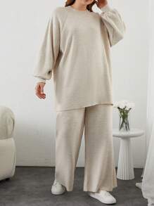SHEIN Cottnline Plus Size Solid Color Loose Fit Casual Sweater Set - White - View 4