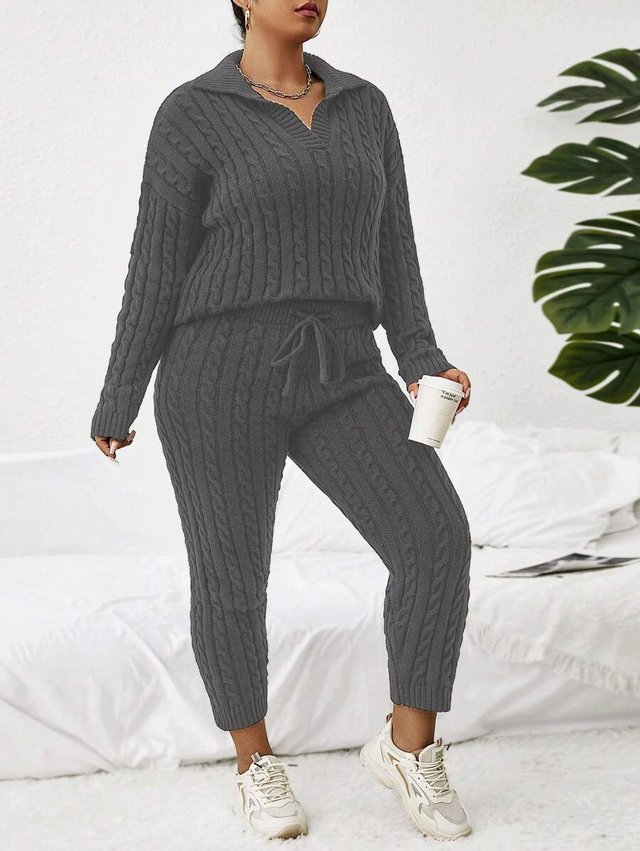 SHEIN LUNE Bộ áo len dệt kim + quần cỡ lớn - Màu xám đen - Xem 1