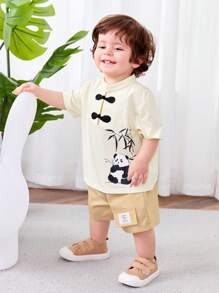 SHEIN Em bé Con trai Mô hình gấu trúc Đứng cổ áo Áo len Và Giải trí Quần short Phong cách Trung Quốc - Màu be - Xem 1
