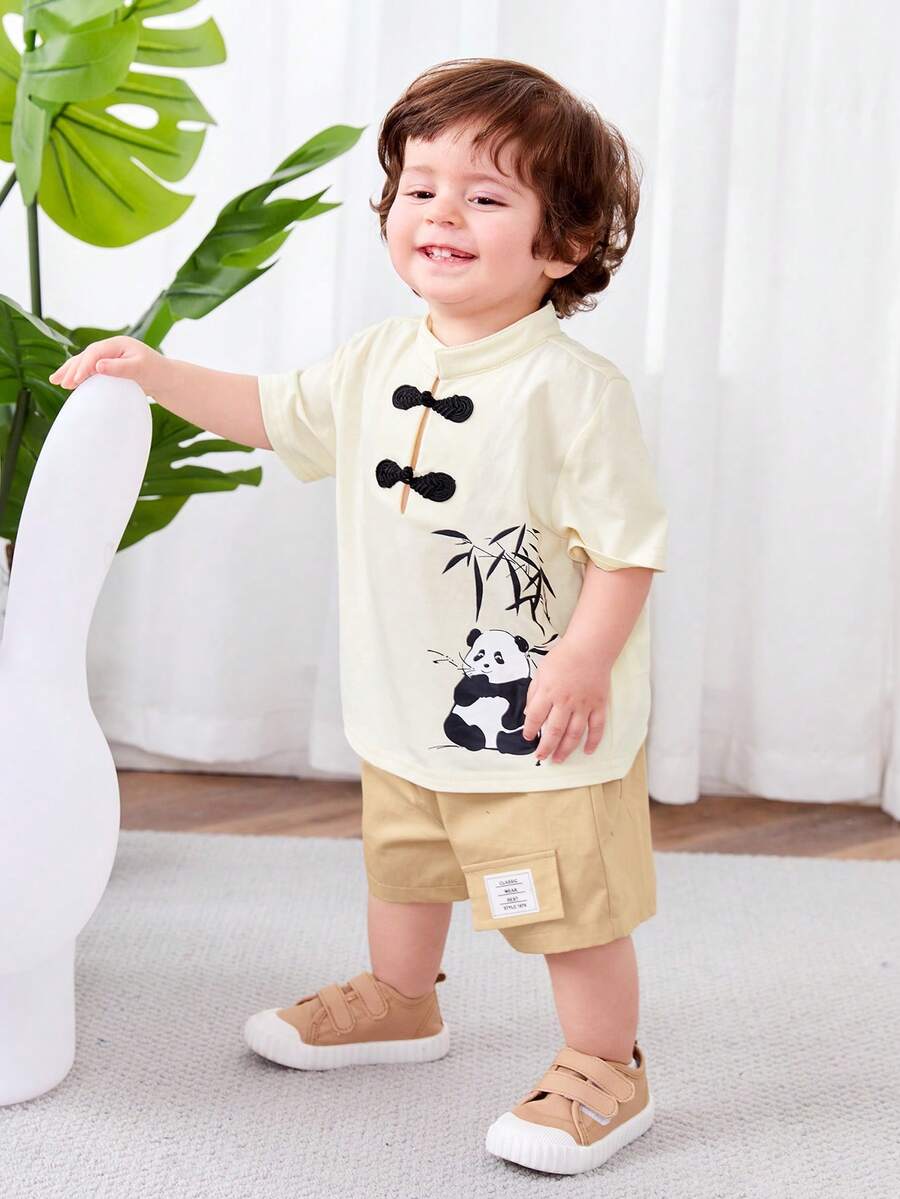 SHEIN Em bé Con trai Mô hình gấu trúc Đứng cổ áo Áo len Và Giải trí Quần short Phong cách Trung Quốc - Màu be - Xem 1