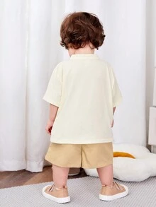 SHEIN Em bé Con trai Mô hình gấu trúc Đứng cổ áo Áo len Và Giải trí Quần short Phong cách Trung Quốc - Màu be - Xem 2