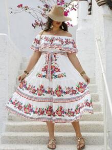 SHEIN Franclia Plus Size Floral Printed Off Shoulder Dress, Targeting Women In A Certain Age And Size Range - White - View 7