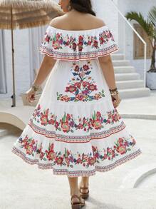 SHEIN Franclia Plus Size Floral Printed Off Shoulder Dress, Targeting Women In A Certain Age And Size Range - White - View 3