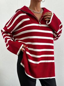 EURMUSE Women's Striped Half-Zip Sweater - Red - View 5