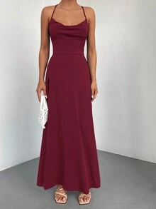 SHEIN 高个女款酒红色露背开衩吊带长款休闲连衣裙 - 酒紅色 - 查看 3