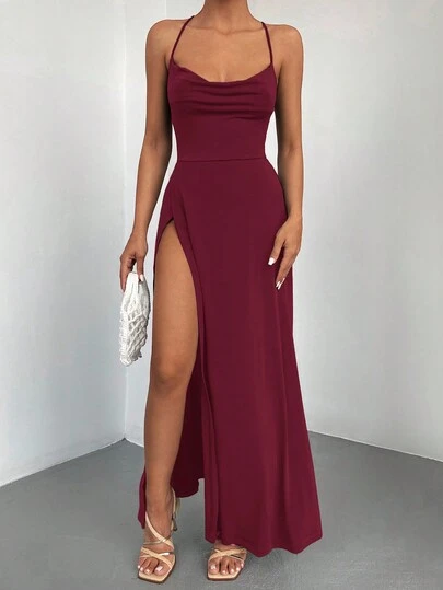 EURMUSE Ladies' Plain Color Split Hem Cami Maxi Dress