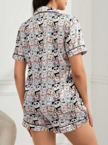 Của phụ nữ Bộ mặc nhà Với Gấu trúc In Cổ bẻ Áo Và Quần short - Hồng - Xem 2