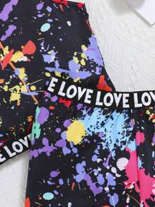 SHEIN Leap Crew Girls Splash Ink Print Letter Tape Panel Tank Top & Cycling Shorts - Multicolor - View 3